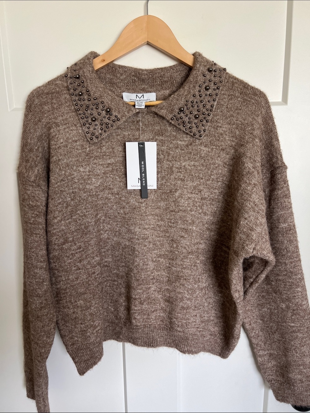 Magaschoni Brown Studded-Collar Wool Blend Scoop-Neck Sweater